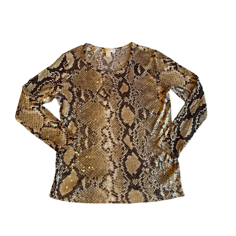 Michael Kors Sneak Print Sequin Jet Set Y2K Long Sleeve Tee Large Brown Glam